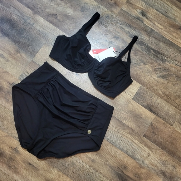 Popilush Women's Black 2-Piece Ruched Shapewear Tummy Control Swimsuit Set  L - Picture 5 of 12